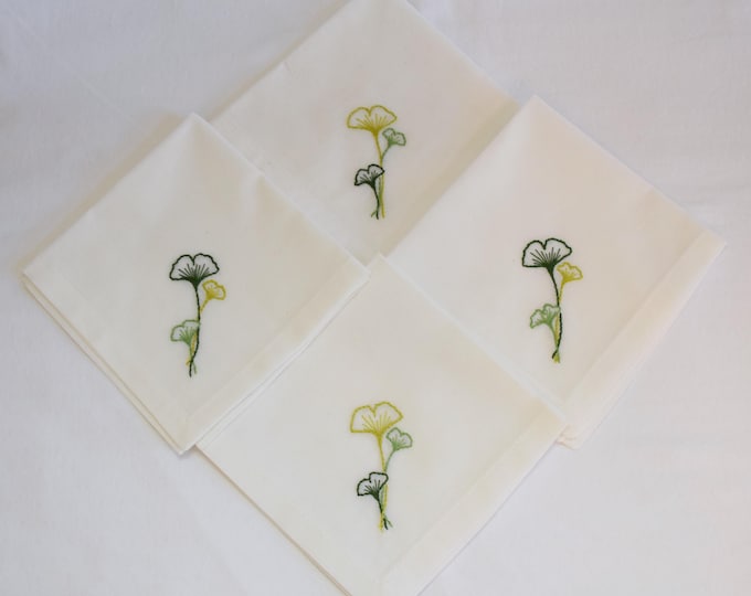 Hand Embroidered Gingko Leaf Cocktail Napkins, Set of 4