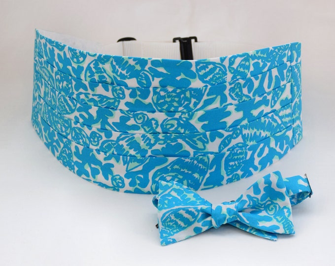 Cummerbund & Bow Tie, turquoise/aqua abstract seashell print, wedding cummerbund, men's formal wear, tuxedo accessory, prom cummerbund