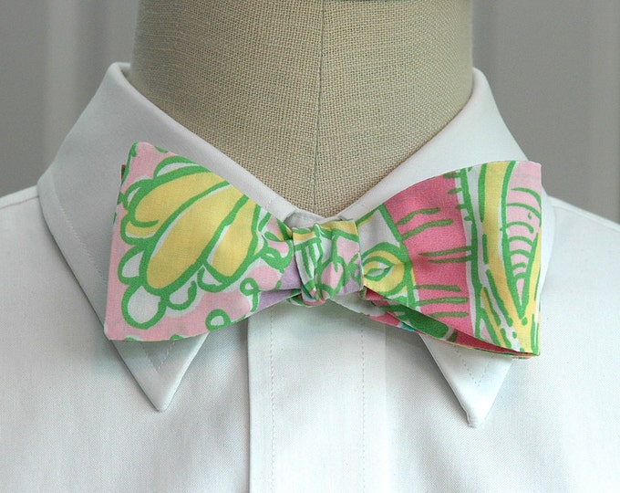 Bow Tie, pinks, green, yellow oriental print, groomsmen/groom bow tie, wedding bow tie, prom/formals bow tie, Kentucky Derby, Easter