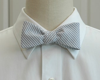 Bow Tie, gray seersucker, wedding party tie, groom bow tie, groomsmen gift,  elegant gray bow tie, wedding accessory, self tie bow tie