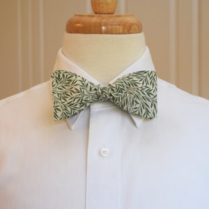 Liberty of London Bow Tie: Green Willow Wood Leaf Print, Linen Cotton Blend