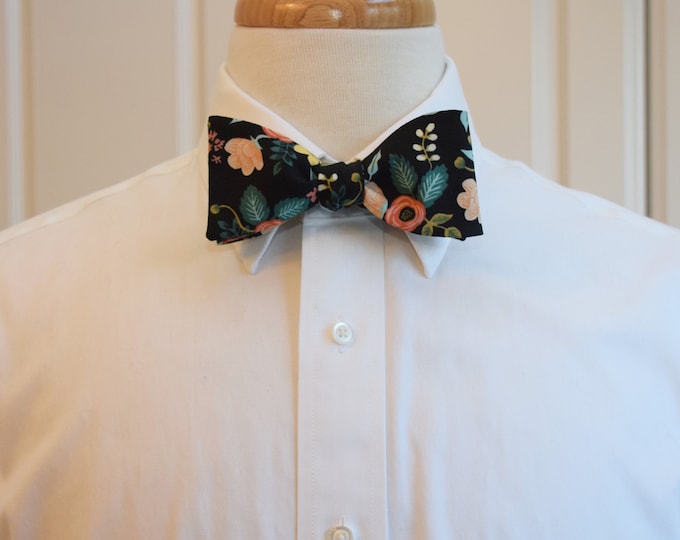 Bow Tie, Rifle Paper Co. Primavera Birch black/coral/peach/teal floral bow tie, wedding party, groom/groomsmen bow tie, tux accessory