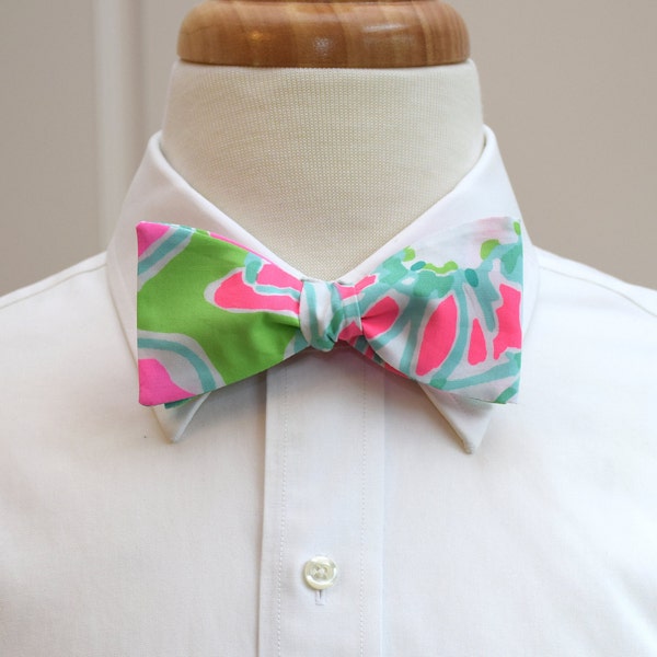 Bow Tie, pinks & greens abstract print, groomsmen's gift, wedding bow tie, groom bow tie, prom bow tie, Derby bow tie, preppy prom tie