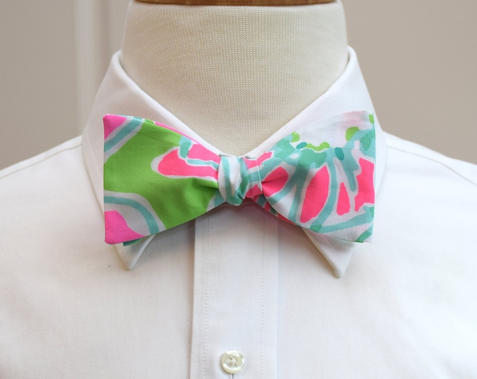 Bow Tie, pinks & greens abstract print, groomsmen's gift, wedding bow tie, groom bow tie, prom bow tie, Derby bow tie, preppy prom tie