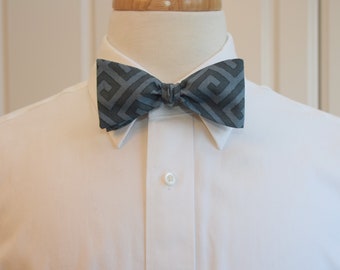 Gray Greek Key Bow Tie: Geometric Cotton Self-Tie