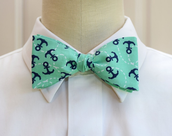 Bow Tie, mint with navy anchors, nautical bow tie, sailor gift bow tie, sailor's wedding bow tie, ocean lover bow tie, anchors bowtie