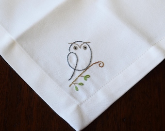 Owl cocktail napkin, hand embroidered, cotton