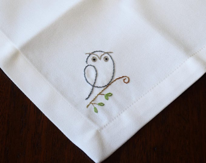 Owl cocktail napkin, hand embroidered, cotton