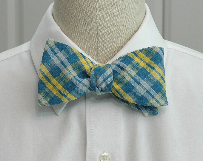 Bow Tie, teal, yellow and white seersucker plaid bow tie, UNC Wilmington color bow tie, wedding bow tie, groom bow tie, summer bow tie