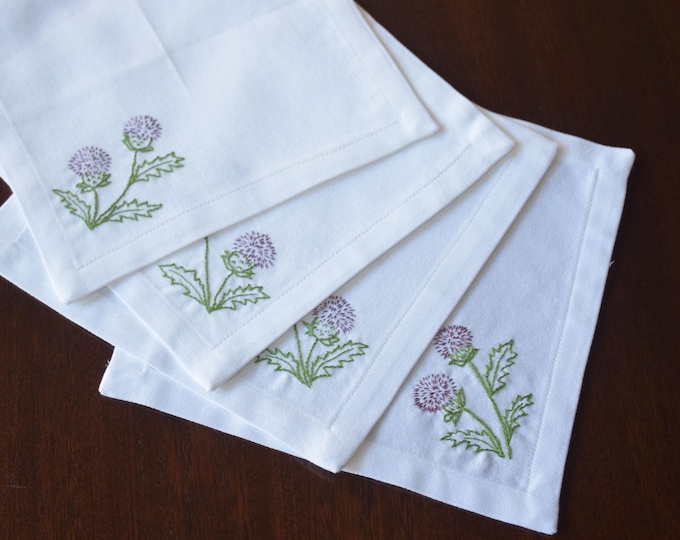 Hand Embroidered Scottish Thistle Cocktail Napkins, Set of 6