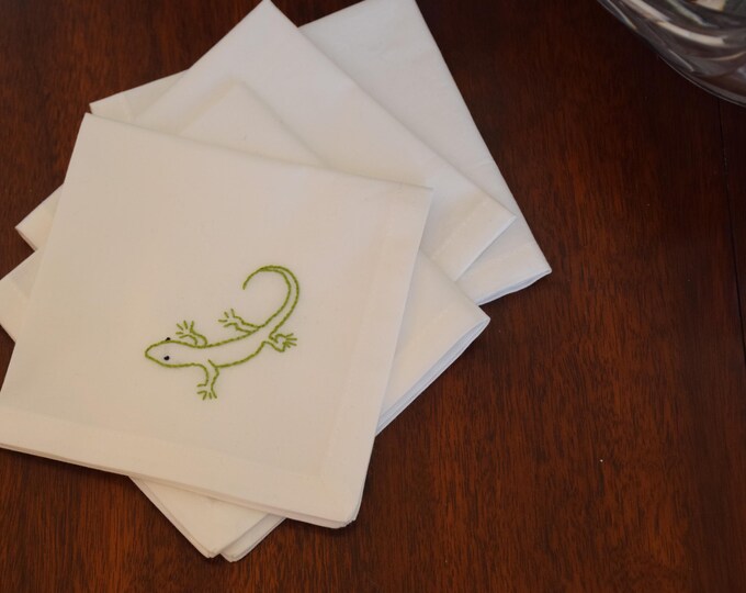 Hand Embroidered Lizard Cocktail Napkin, Island Decor