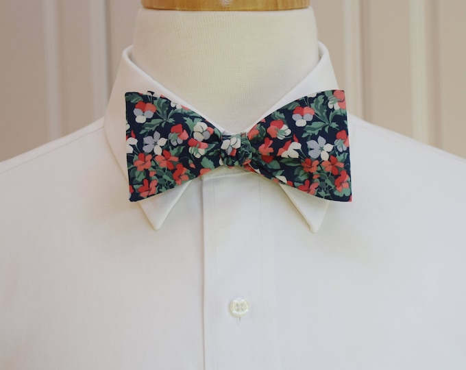 Bow Tie, Liberty of London, navy/coral/green/gray floral Sarah print bow tie, groomsmen/groom bow tie, wedding bow tie, tux accessory