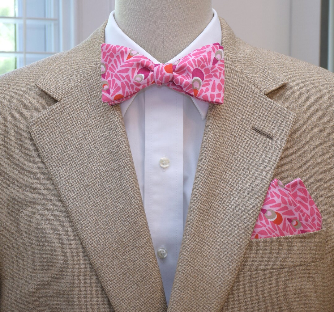 Pocket Square and Bow Tie in Pink Peacock Design, Wedding Party Wear