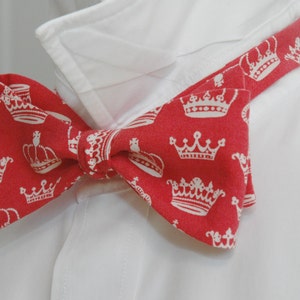 Bow Tie, red with ivory crowns, self tie, red royalist bow tie, English fan gift, wedding party bow tie, groom bow tie, monarchist tie image 3