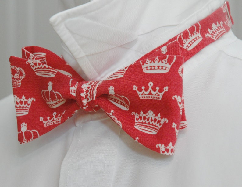 Bow Tie, red with ivory crowns, self tie, red royalist bow tie, English fan gift, wedding party bow tie, groom bow tie, monarchist tie image 3