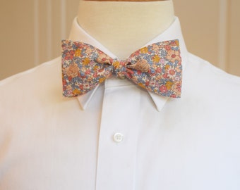 Bow Tie, Liberty of London, coral/gold/gray-blue/peach floral Amelie print, groomsmen/groom bow tie, wedding bow tie, classic bow tie