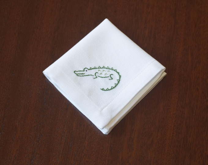 Alligator cocktail napkin, hand embroidered, custom gift