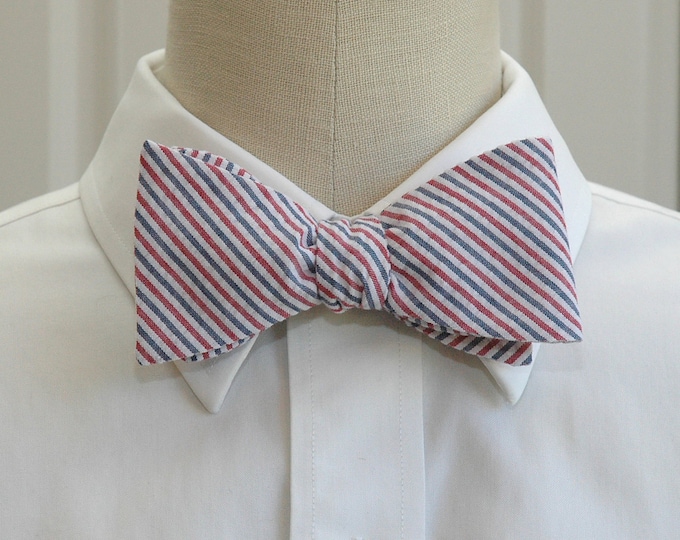 Bow Tie in red, white & blue striped seersucker,  self tie, wedding party tie, groom bow tie, groomsmen gift, USA, patriotic, 4th July