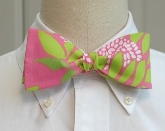 Bow Tie, hot pink/green floral print bow tie, wedding bow tie, groom/groomsmen gift, prom/formals bow tie, Easter, spring, Derby