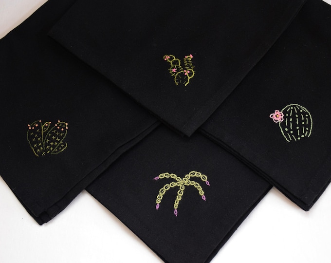 Hand Embroidered Cactus Dinner Napkin Set, Black Cotton Southwestern Decor