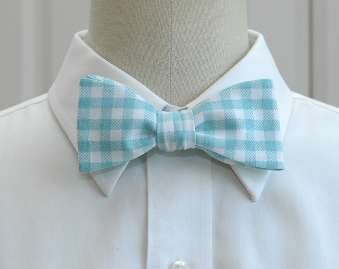 Bow Tie, aqua and white large gingham plaid bow tie, wedding bow tie, groom bow tie, groomsmen gift, prom bow tie, pale blue bow tie