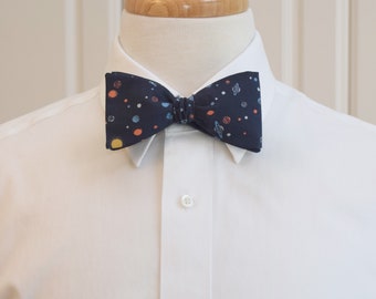 Bow Tie, space theme, Liberty of London Niko space print, navy blue, planets, orange, moons, outer space, sci-fi, science lover gift