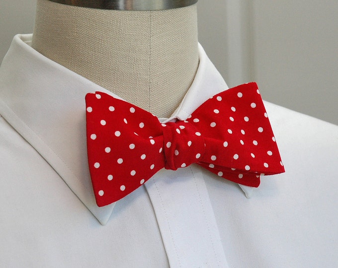 Bow Tie, red with white polka dots, fire engine red bow tie, bright red bow tie, scarlet bow tie, red wedding bow tie, groom bow tie,