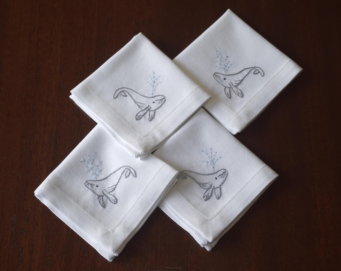 Hand Embroidered Whale Cocktail Napkins, Ocean Theme (Set of 4)
