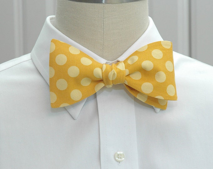 Bow Tie, gold with yellow polka dots, sunshine yellow bow tie, wedding bow tie, groom bow tie, groomsmen gift, prom bow tie, self tie