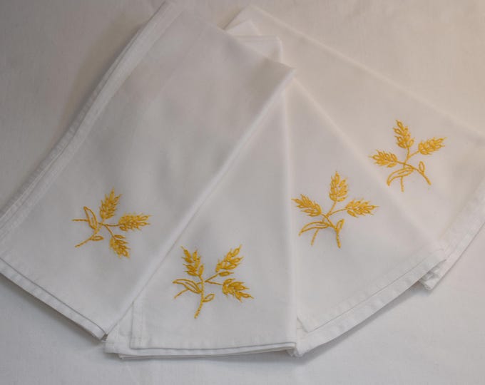 Hand Embroidered Wheat Dinner Napkin Set, 18" Cotton, Hostess Gift