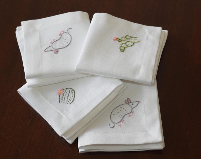 Hand Embroidered Southwestern Cocktail Napkins, Cactus Armadillo Design, Set of 4