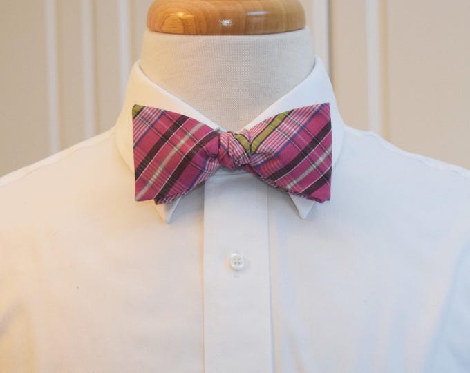 Bow Tie, pink plaid bow tie, pink/green bow tie, wedding bow tie, groom bow tie, groomsmen gift, prom bow tie, traditional tie