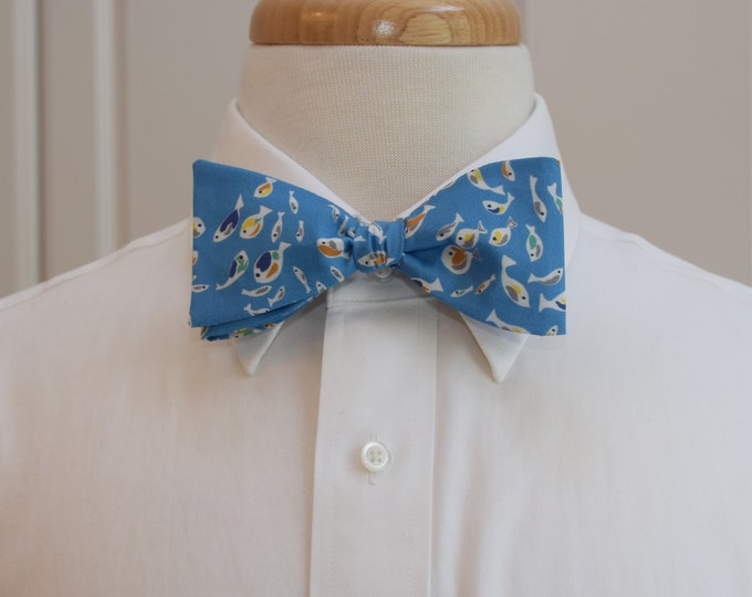 Bow Tie, Liberty of London, tossed fish Glimmer design, blue bow tie, wedding bow tie, groom bow tie,  groomsmen gift, fish lover gift