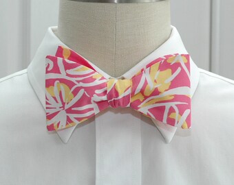 Bow Tie,  pink/yellow/white  floral print, wedding bow tie, groom/groomsmen bow tie, prom/formals bow tie, tuxedo accessory, Valentine