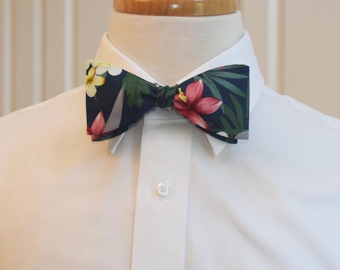 Floral Hawaiian Print Bow Tie: Tropical Wedding, blue/pink/yellow, Groom Groomsmen