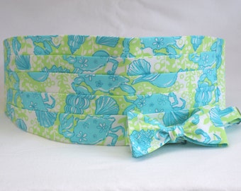 Ocean Theme Cummerbund & Bow Tie: Aqua Lime Wedding Tuxedo