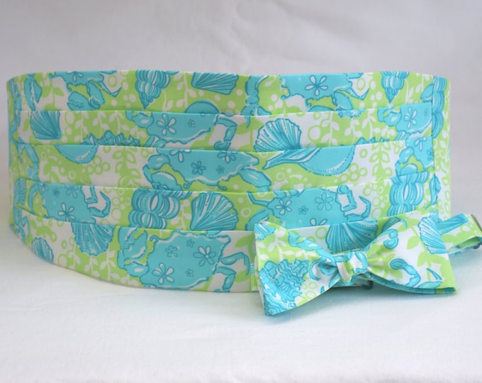 Cummerbund & Bow Tie, lime/aqua ocean theme print, formal wedding party wear, tuxedo accessory, prom cummerbund, beach wedding,