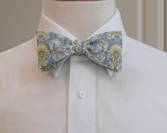 Liberty London Bow Tie: Lodden blue, lime green, gold, ivory floral Wedding Groomsmen Accessory