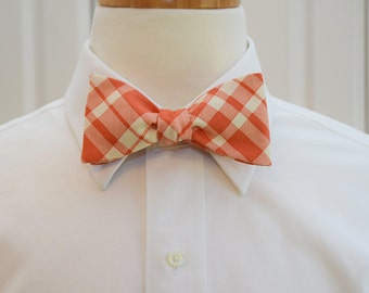 Bow Tie, coral/salmon and ivory plaid, wedding bow tie, groom bow tie, groomsmen gift, prom bow tie, wedding party wear, wedding style