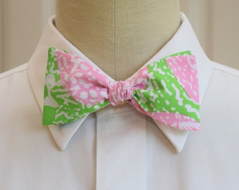 Bow Tie, pink/lime abstract floral print bow tie, wedding bow tie, prom bow tie, groom/groomsmen bow tie, tuxedo accessory, preppy tie