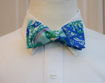 Bow Tie, blue/green/aqua abstract print bow tie, groomsmen/groom bow tie, wedding bow tie, prom/formals bow tie, tux accessory, preppy