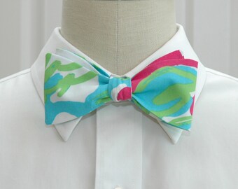 Bow Tie, hot pink, turquoise, green abstract print, wedding bow tie, groom bow tie, groomsmen gift, prom/formals bow tie, Derby tie