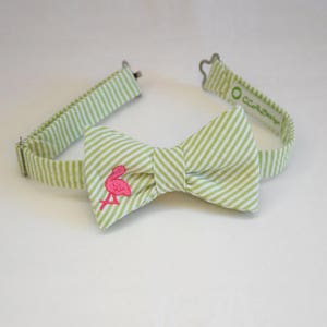 Bow Tie, lime seersucker with hot pink flamingo, wedding party tie, groom bow tie, groomsmen gift, Florida bow tie, self tie bow tie image 6