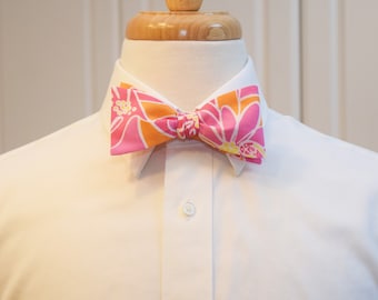 Retro Daisy Print Bow Tie: Orange, Hot Pink, Wedding Groomsmen