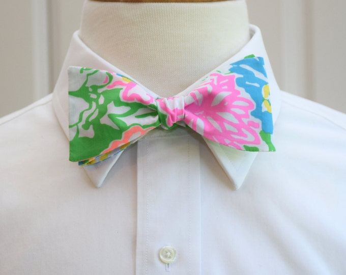 Bow Tie, green/pink/blue/neon coral/white abstract floral bow tie,  wedding party bow tie, groom/groomsmen bow tie, Easter, formals, prom,