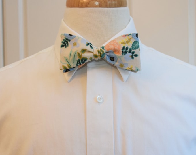 Bow Tie, Rifle Paper Co. Primavera Birch blue/peach/cream/teal floral bow tie, wedding party, groom/groomsmen bow tie, tux accessory