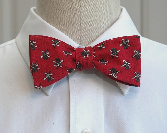 Bow Tie, Christmas red with green mistletoe, holiday bowtie