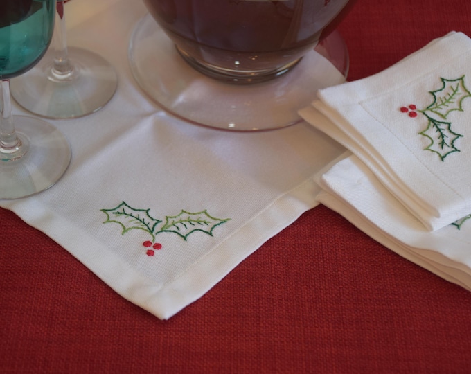 Hand Embroidered Holly Leaf Cocktail Napkins, Christmas Hostess Gift