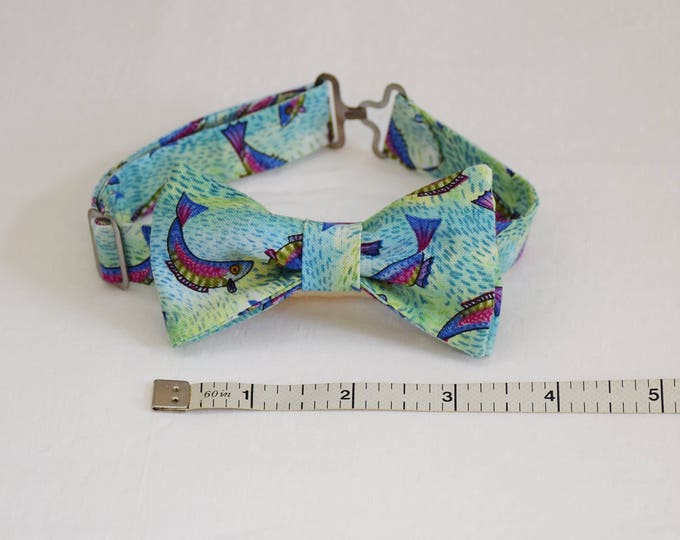 Boy's pre-tied Bow Tie, leaping fish/blue green, wedding accessory, toddler bow tie, fish lover bow tie, trout bow tie, boy's fish bow tie