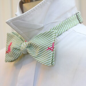 Bow Tie, lime seersucker with hot pink flamingo, wedding party tie, groom bow tie, groomsmen gift, Florida bow tie, self tie bow tie image 3